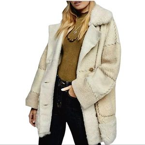 Free People x Brenda Knight Patchwork Sherpa S Oversized Ivory Tan Coat / Jacket